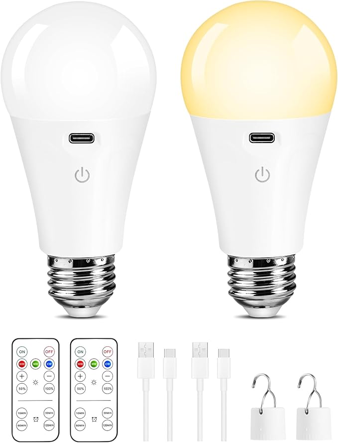 E26 Rechargeable Light Bulbs with Remote Control, Battery Operated A19 Light Bulb for Lamps, Dimmable, 3 Color Temperatures, Timer, Wireless Light Bulbs Small Size for Sconces, Non-Hardwired 2 Pack