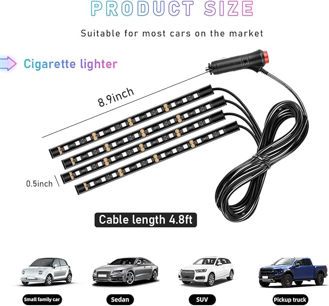 Car LED Strip Light, 48 LED RGB Auto Interior Atmosphere Lights, Cigarette Lighter Under Dash Ambient Night Light, Interior Lamp Lighting Kit (Orange, Cigarette Lighter)