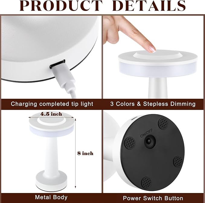 Riakrum 2 Pcs LED Portable Cordless Table Lamp with Touch Sensor 3 Color Stepless Dimming Rechargeable Battery up to 15 Hours Cordless Table Light Wireless Lamp for Nursery (White)