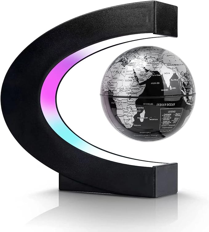 Flagest Magnetic Levitation Floating Globe, Levitating C Shape Silver Black Globe with LED Lights for Education Home Office Desk Decor, Holiday Anniversary Creative Gift(3.3 Inches Sphere)