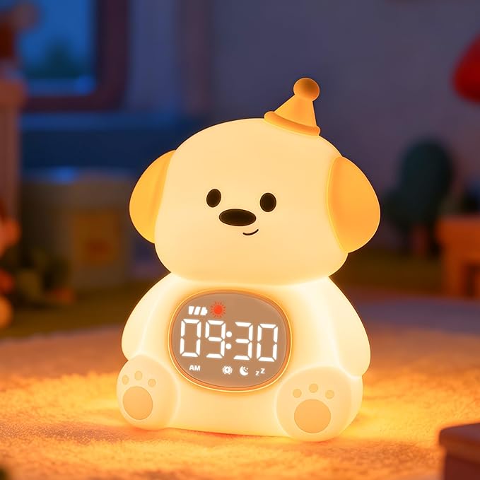 Dog Alarm Clock with Night Light for Kids with Sleep Training and Sound Machine, Rechargeable Silicone Lamp OK to Wake Clock，Cute Animal Tabletop Lamp, Perfect Sleep Companion for Boys Girls