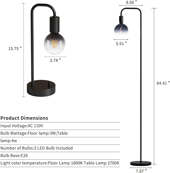 ONEWISH Industrial Lamp Set 3 Piece-1 Floor Lamp and 2 Dimmable Table Lamp- 3 Pack Modern Matching Floor and Table Lamp with Gradient Black Globe Bulb for Living Room,Bedroom(Bulb Included)