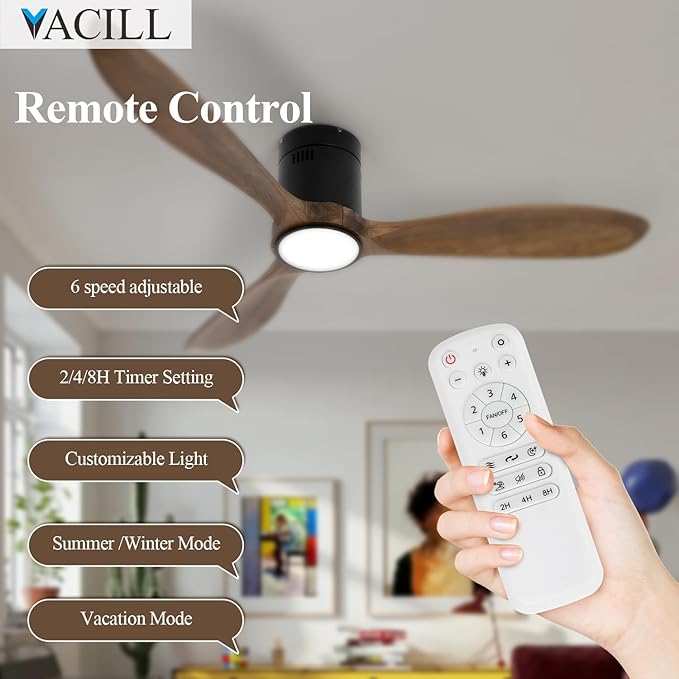 VACILL Wood Flush Mount Ceiling Fan with Light and Remote,52 inch Low Profile Ceiling Fan,Wooden Fan 3 Blades,6 Speed,LED Dimmable,DC Motor(Amber Wood)