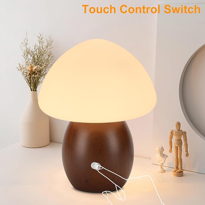 Mushroom Lamp with Touch Control Switch, Small Wooden Table Lamp with Glass Shade, 3 Way Dimmable Nightstand Lamp for Bedroom, G9 LED Bulb Included (Walnut Color&Opal White Glass Shade)