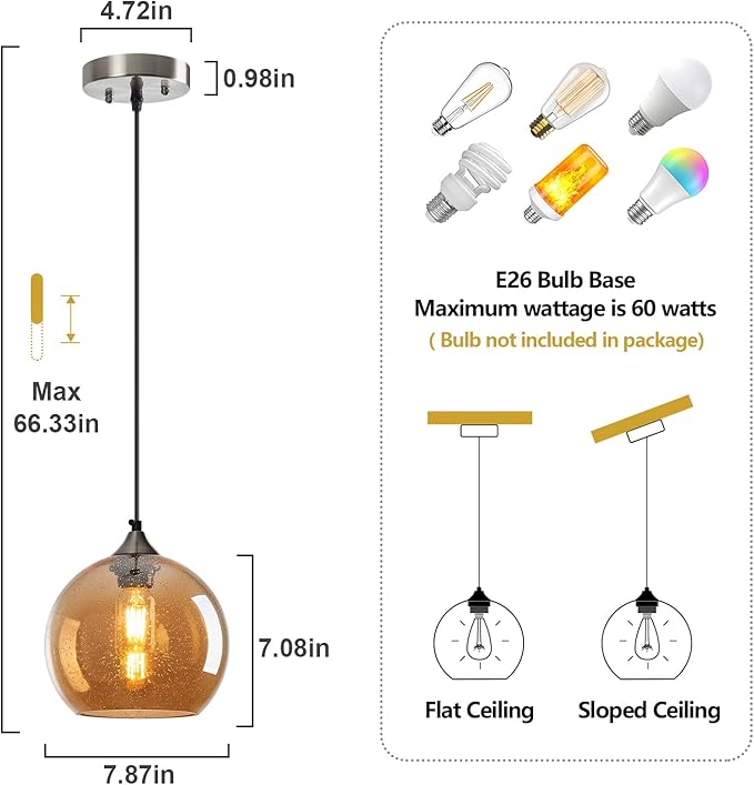 Amber Glass Pendant Lights Kitchen Island Lighting Globe Pendant Light Fixtures Modern Pendant Lighting for Bedroom Living Dining Room Light Fixture (7.87 in, 3 Pack)