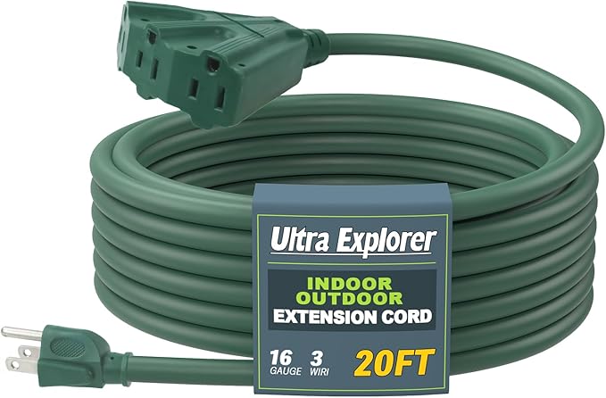 20 Ft Indoor Outdoor Extension Cord with 3 Electrical Power Outlets - 16/3 SJTW Long-Lasting Green Cable with 3 Prong Grounded Plug