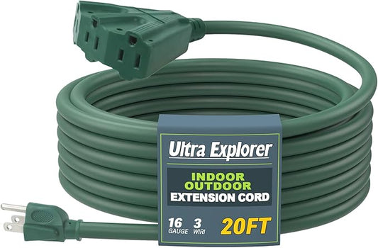 20 Ft Indoor Outdoor Extension Cord with 3 Electrical Power Outlets - 16/3 SJTW Long-Lasting Green Cable with 3 Prong Grounded Plug
