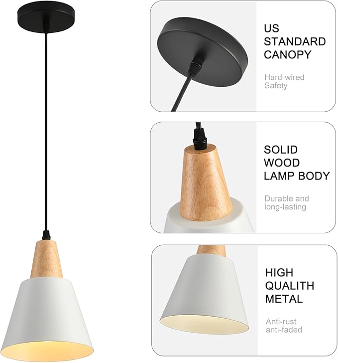 2 Pack Pendant Lights, White Pendant Lights Kitchen Island,Wood Dome Minimalist Industrial Ceiling Hanging Lights for Kitchen Island, Barn, Dining Room, Living Room, Bedroom