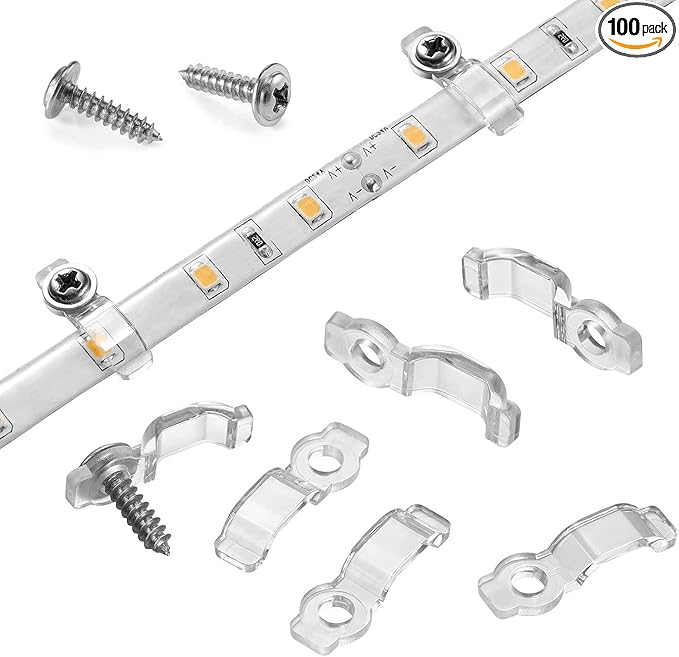 MMSD 100 Pack LED Strip Light Clips LED Tape Light mounting Bracket with 102 Screws Suit for 8mm Wide IP65 Waterproof Strip Light
