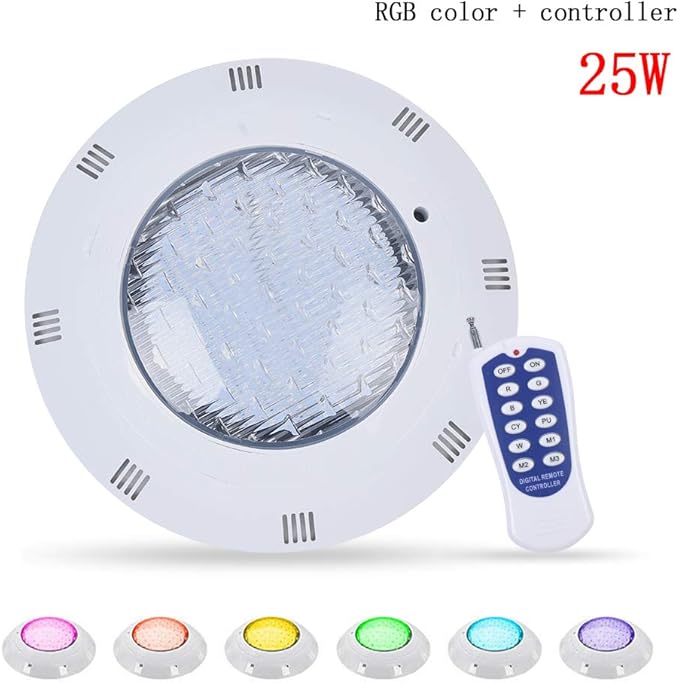 25W 12V LED Pool Light 2000LM RGB Color-Changing Waterproof IP68 Underwater LED Lights 120° Swimming Pool Fountain Pond Colorful Lamp with Remote Controller