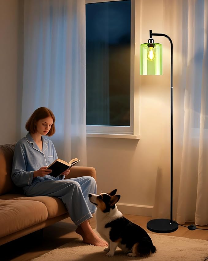 Lightdot 64IN Glass Floor Lamp for Living Room, Modern Standing Lamps with Green Ribbed Glass Lampshade& Bulb Included, Industrial Floor Lamp for Bedroom/Sofa Beside/Corner Decor-Black
