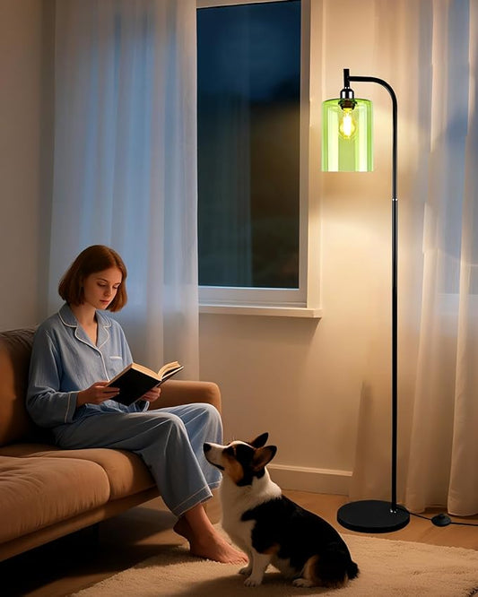 Lightdot 64IN Glass Floor Lamp for Living Room, Modern Standing Lamps with Green Ribbed Glass Lampshade& Bulb Included, Industrial Floor Lamp for Bedroom/Sofa Beside/Corner Decor-Black