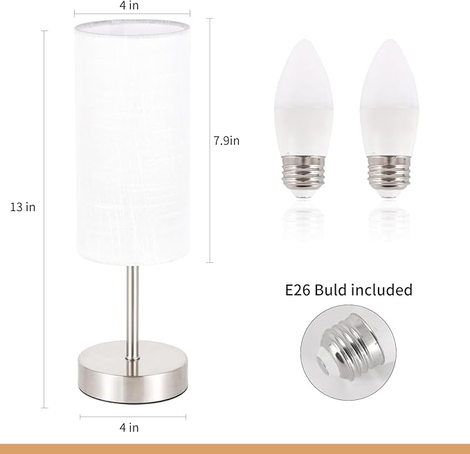 2 Pack Small Table Lamp for Bedroom, Bedside Lamp for Nightstand, Minimalist Modern Desk Lamp with Linen Fabric Shade for Living Room, Office, Kids Room, Dorm, LED Bulb Included