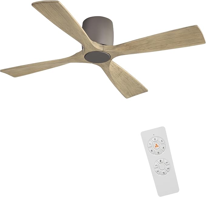 WINGBO Ceiling Fan no Light - 48 inch Solid Wood Flush Mount Ceiling Fan with Remote,4 Reversible Blades, 6-Speed Noiseless Powerful DC Motor, ETL Listed,Charcoal gray +light gray