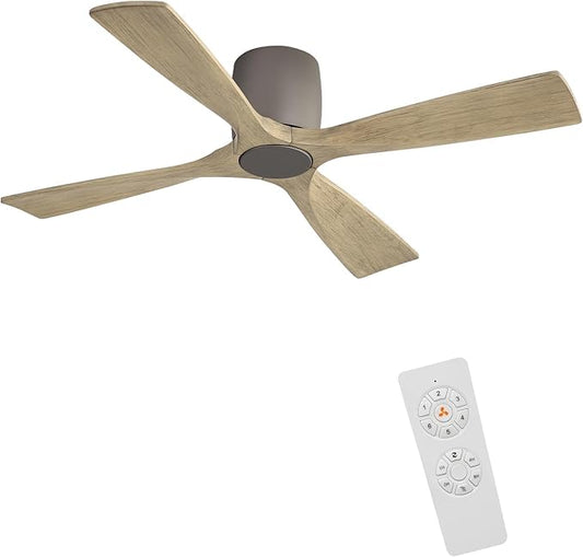 WINGBO Ceiling Fan no Light - 48 inch Solid Wood Flush Mount Ceiling Fan with Remote,4 Reversible Blades, 6-Speed Noiseless Powerful DC Motor, ETL Listed,Charcoal gray +light gray