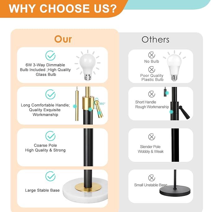 Black and Gold Table Lamps Set of 2: 22" to 30" Height Adjustable Nightstand Lamps with White Linen Shade | Pull Chain Switch | Marble Base - 3 Way Dimmable Beside Lamp for Bedrooms Living Room