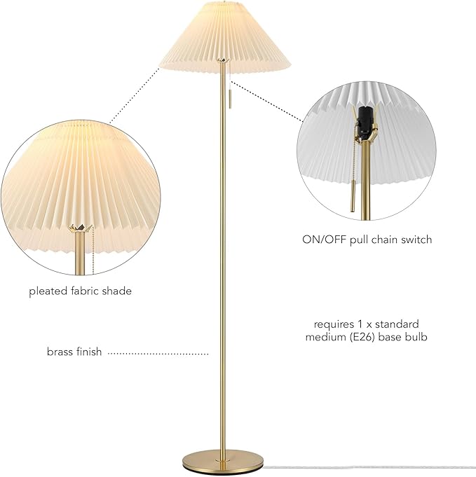 Globe Electric 61000176 62" Floor Lamp, Brass Finish, Metal, Pleated Fabric Shade, Flat Base, Pull Chain Switch on Socket, Reading Light, Office Accessories, House Decor