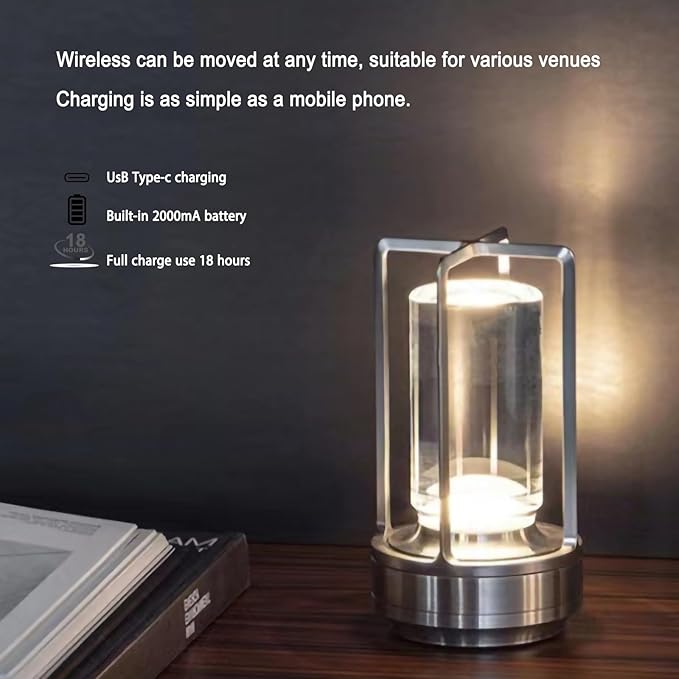 Cordless Table Lamp Rechargeable Portable Metal Touch Small Desk Lamp,Indoor/Outdoor Battery Operated LED Night Light,3Color Stepless Dimming Crystal Lantern,for bedrooms,Bars,cafes,Camping,Silver