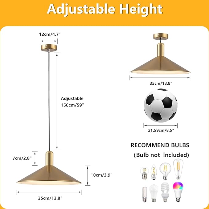 KCO Lighting Mid Century Modern Dome Pendant Light Gold and Black Barn Pendant Light Brass Cone Ceiling Pendant Light Fixture Farmhouse Kitchen Island Lighting (Gold)