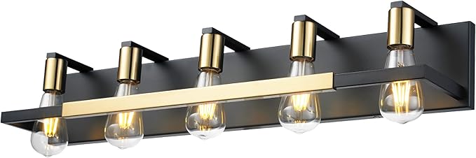 Hamilyeah 5 Light Bathroom Vanity Light Fixture Black and Gold, 32 inch Vintage Bathroom Lighting Fixture Over Mirror, Industrial Wall Mounted Lighting for Living Room, Dining Room