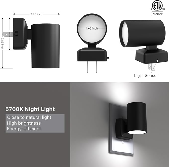 Led Night Light Plug in,Night Lights Plug into Wall Dusk to Dawn Sensor,20lm/40lm Adjustable Brightness,5700k Daylight,Dimmable Night Light for Hallway Bedroom Bathroom 4 Pack ETL-Certified