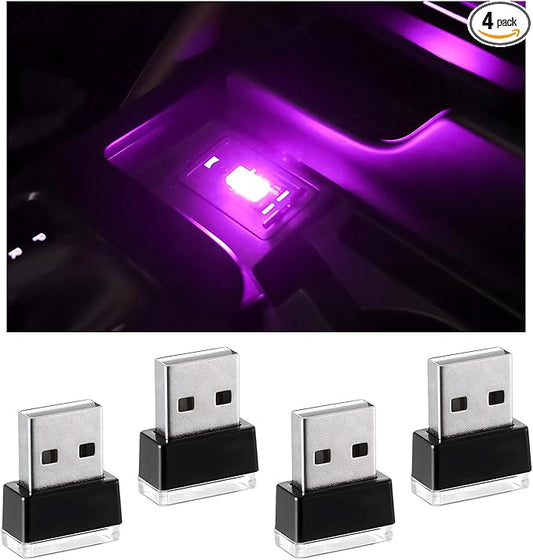 4 PCS USB LED Car Interior Atmosphere Lamp, Portable Plug-in 5V USB Car LED Interior Lighting Night Lamp, Mini USB Ambient Lighting Decor for Home Car Laptop Keyboard (Purple)