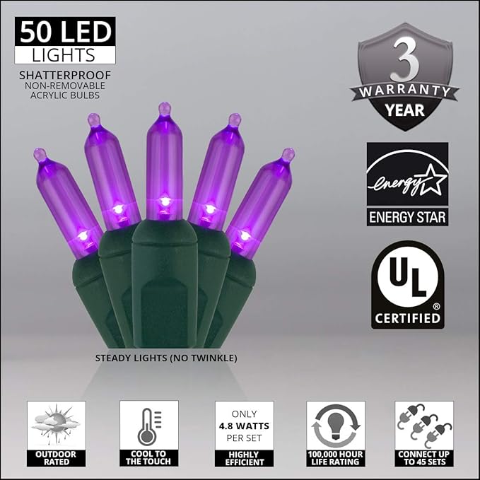 Wintergreen Lighting 50 Purple T5 LED Halloween and Christmas Lights, 25.5 ft Green Wire Indoor/Outdoor Commercial Grade Mini String, Holiday and Party Decorations
