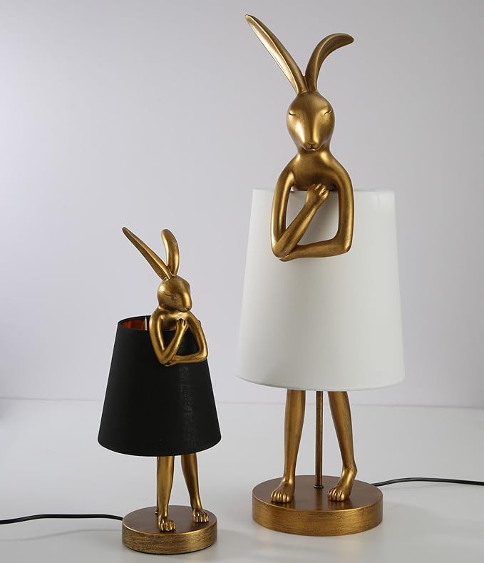 Cute Rabbit Animal Table Lamp,Big Size 25.6", Gold Resin Bunny Decor LED Desk Light,White Linen Shade,Home Eye Protection Lamp Office Study Bedside Small Bunny Light (25.6" White Shade)