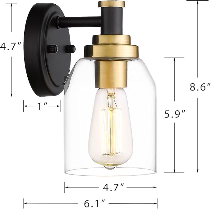 zeyu 1-Light Bathroom Sconces Wall Lighting, Modern Vanity Wall Lamp, Black and Gold Finish with Clear Glass Shade, ZG33B BK+BG