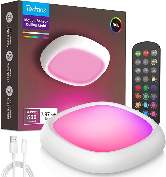 Rechargeable IP54 Waterproof Shower Light Indoor, 12000mAh Motion Sensor Wireless RGB Ceiling Light with Remote No Wiring, Battery Operated Closet Lights Cordless LED Overhead Lighting for Bathroom