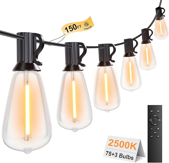 150FT Outdoor String Lights with Remote, Garden Patio Decor with 2500K Warm White, 75+3 LED Edison Bulbs, Support Timer Dimmable Waterproof Shatterproof for Yard Outside Porch Deck Backyard