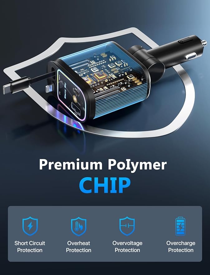 Starlight Retractable Car Charger with Retractable Cables, Starlight in Car Roof 4 in 1 Super Fast USB C Car Phone Charger, 2 USB Ports Starry Sky Adapter, Compatible with iPhone 17 16 15 14 13 12