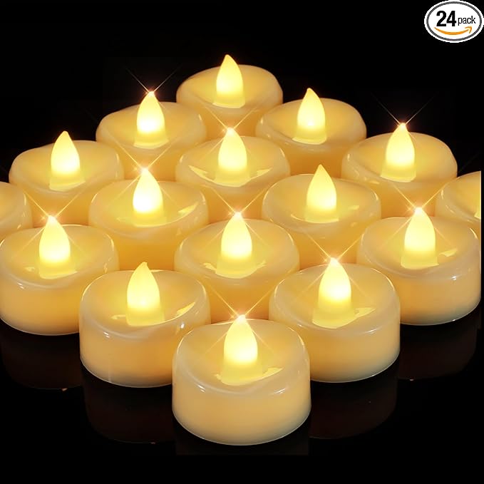 Flameless Candles, 24Pack Timer Fake Candle, LED Tea Light Candles, Battery Operated Votives with 6 Hours Timer Auto for Halloween Christmas Wedding Decor-1.5'' D X 1.25'' H, Ivory White