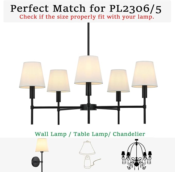 5 Pack White Chandelier Shades, 4" Top x 6" Bottom x 6" High Barrel Lamp Shade, 4.0x6.0x6.0 Inch Linen Fabric, Perfect Fit for 5-Light Pendant Light Wall Sconce, Clip On Bulb E12 Socket(Large Size)