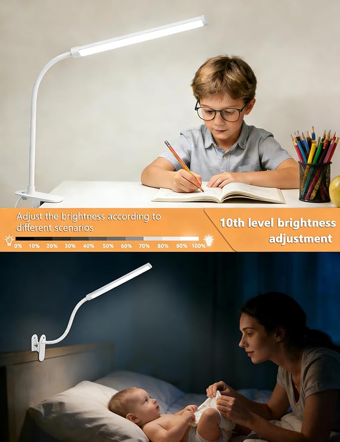 White 2 Pack LED Clip On Desk Lamp,Dimmable Clip On Reading Light with Flexible Neck,Curved Monitor Light Bar for Computer,Eye-Protection Bedside Lamp for Office Home Study Desk Accessories