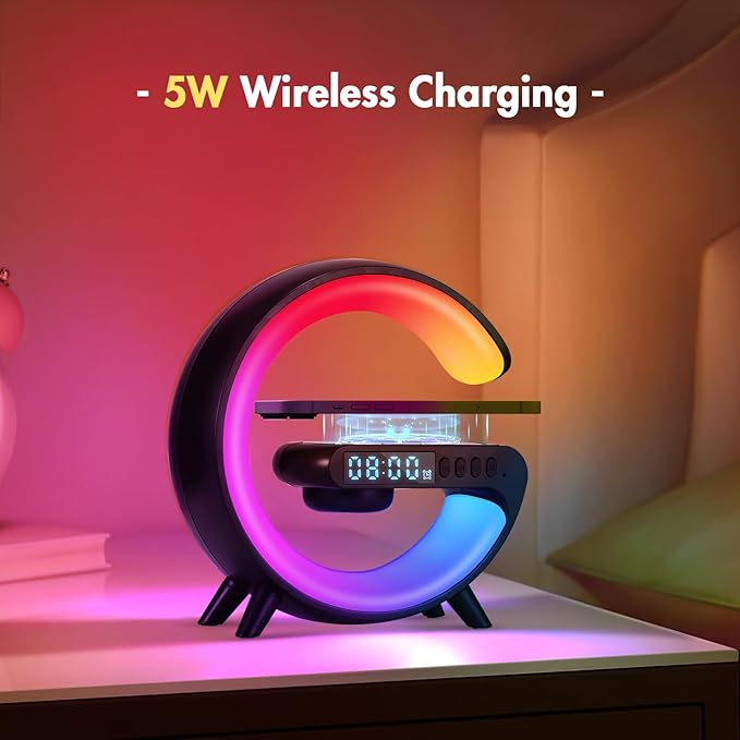 DEECOZY Mini Wireless Charger Atmosphere Lamp, Bluetooth Speaker LED Table Lamp, 10 Lights Mode Dimmable Night Light Bedside Lamp Alarm Clock with Music for Christmas Birthday Valentines Day Gifts
