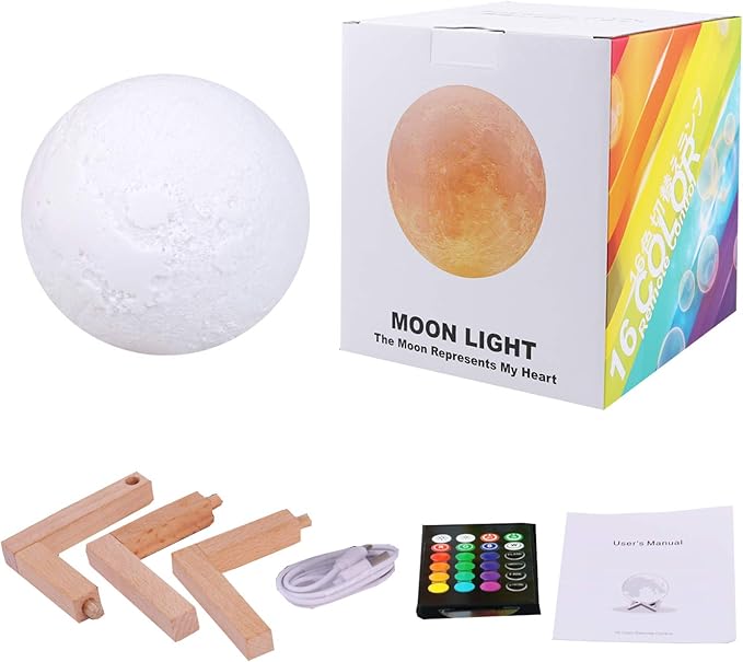 Moon Lamp, 16 Colors 3D Printed Moon Lights Kids Night Light with Stand, Time Setting, Remote & Touch Control, USB Rechargeable, Birthday Gifts for Boys Girls Friends Lover
