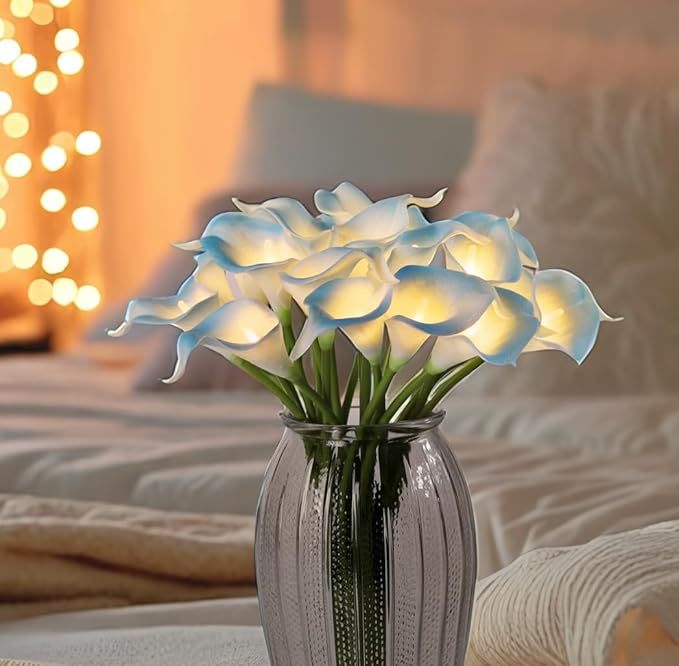 20pcs Lighted Artificial Calla Lily Bouquet Lamp Faux Floarl Night Light Real Touch Flower Night Lamp LED Calla Lily lighted Artificial Flower for Holiday Gifts Home Kitchen Decor(Light Blue, No Vase)