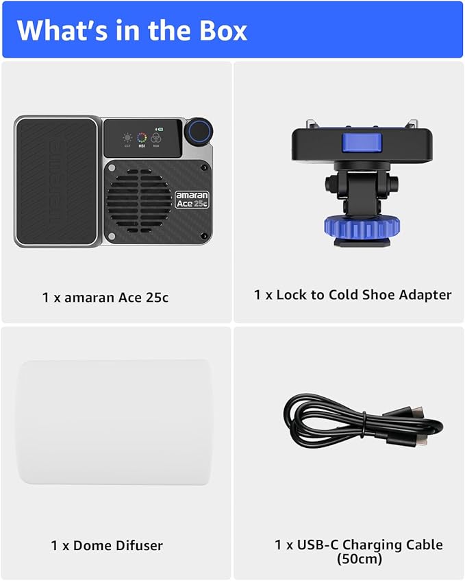 amaran Ace 25c Video Light,25w RGB Portable Light for Photography On-Camera Video Lights CRI/TLCI 95+,CCT 2,300K-10,000K,Rechargeable Dimmable Vlog Light,APP Control,PD Charging (Silver)