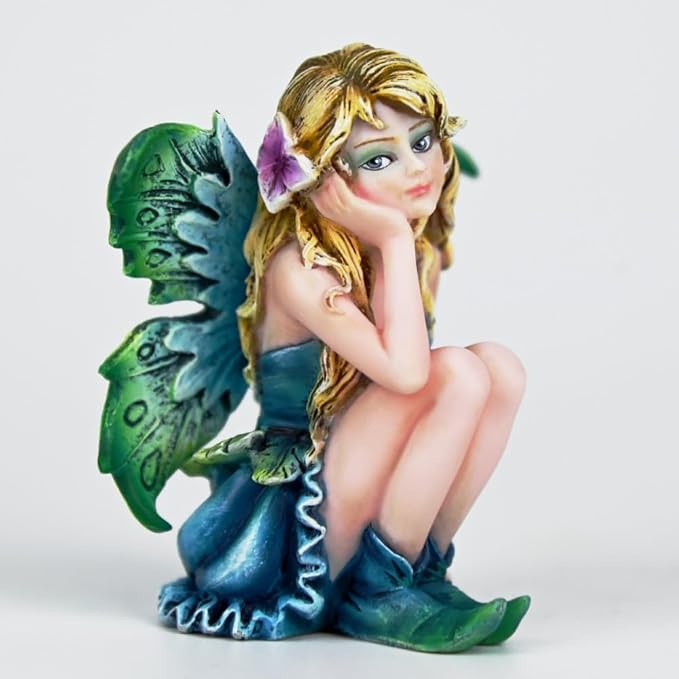 Fantasy Thoughtful Fairy Figurine, 3.15 Inch Blue-Green Gradient Elf Statue, Hand-Painted Resin Decor with Purple Hair Flower & Textured Wings for Desk, Fairy Garden, Plant Pot