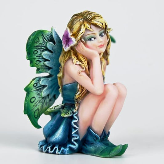 Fantasy Thoughtful Fairy Figurine, 3.15 Inch Blue-Green Gradient Elf Statue, Hand-Painted Resin Decor with Purple Hair Flower & Textured Wings for Desk, Fairy Garden, Plant Pot