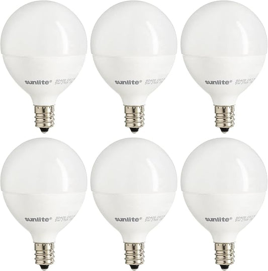 Sunlite G16.5 Light Bulb LED, 5W (40W Equiv.), 350 Lumens, Dimmable, Type G Globe Shape E12 Candelabra Base, Short Bulbs, Vanity Mirror Bulbs, 2700K Soft White, Frosted, 6 Count