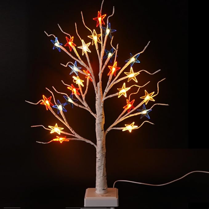 24 LED Tabletop Tree Light Artificial Tree Lamp for 4th of July Independence Day Room Bedroom Office Decor,Mini White Birch Tree Fake Twinkle Trees Lamp with a Timer 3 AA Battery or USB Powered