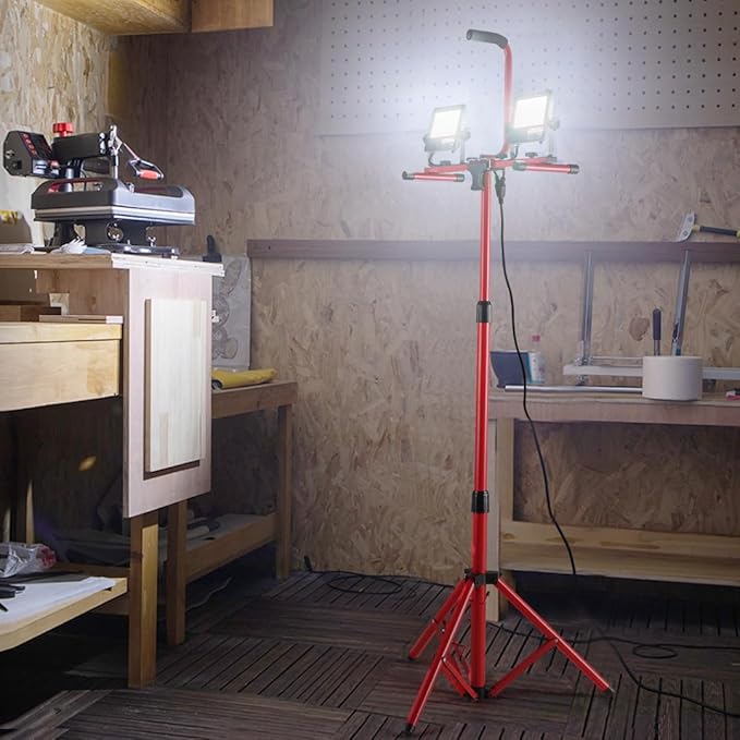 VEVOR LED Work Light with Stand, 5000 Lumen Dual-Head LED Work Light with 27.6"-68.1" Adjustable and Foldable Tripod Stand, IP65 Waterproofed LED Tripod Work Light, with 5000 Kelvin Color Temperature
