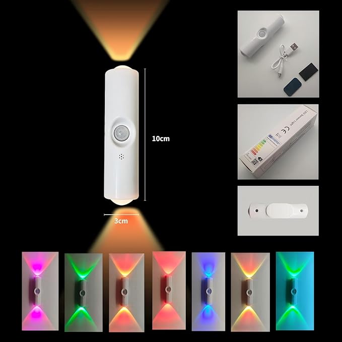 Motion Sensor Wall Lamp, Motion Sensor Light Indoor, Smart Night Light, Rechargeable Sensor Bathroom Light, Magnetic Mount lamp for Bedroom, Bathroom, Courtyard, Livingroom (White-7 Color)