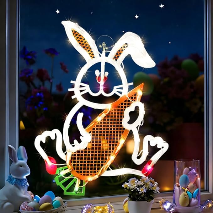 17" 35LED Lighted Bunny with Carrot Easter Decor, Cute Warm Glow for Home, 120V Plug-in, UL Certified