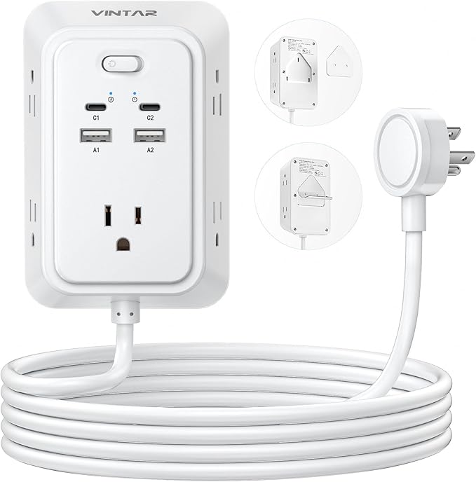 6ft Flat Plug Extension Cord, VINTAR Multi Outlet Extender with 5 Outlets and 4 USB Ports (2 USB-C), 3-Sided Wall Mount Charger, 1800J Surge Protector Power Strip for Home, Office, College Dorm