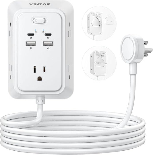 6ft Flat Plug Extension Cord, VINTAR Multi Outlet Extender with 5 Outlets and 4 USB Ports (2 USB-C), 3-Sided Wall Mount Charger, 1800J Surge Protector Power Strip for Home, Office, College Dorm