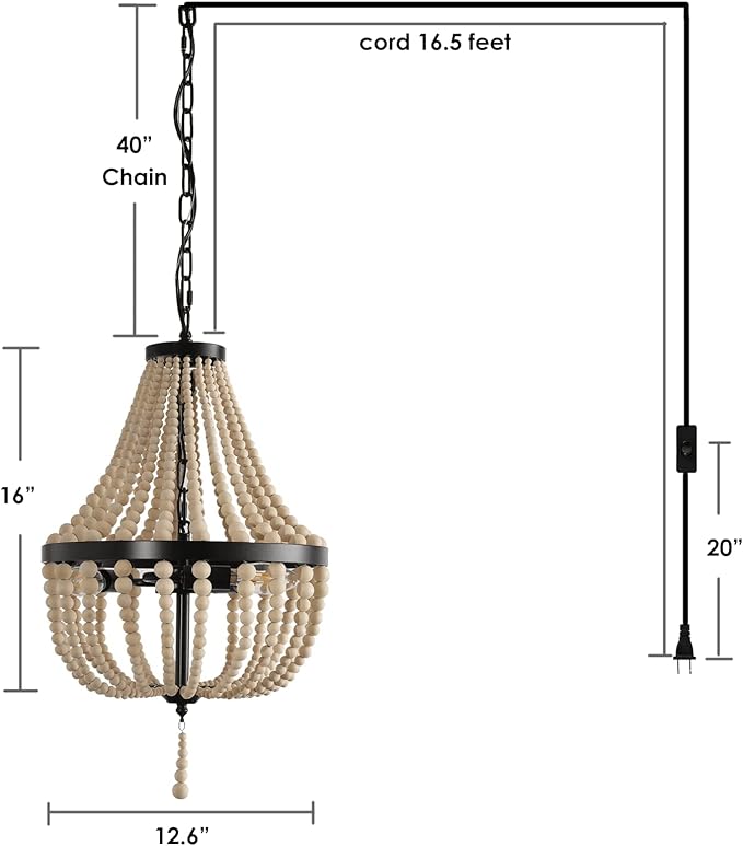 3-Light Plug in Chandelier Dimmable and Timer Mini Wood Beaded Bohemian Pendant Light Fixture with 16.4ft Swag Cord,Black Metal Finish Natural Color Beads,Dining Room,Living Room,Foyer,Bedroom…