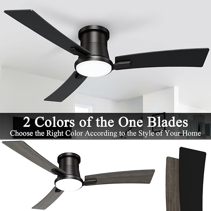 52 Inch Ceiling Fans Black Lights and Remote,White Low Profile Ceiling Fan with Light,Flush Mount,Reversible,6 Speeds,3CCT Dimmable,for Bedroom,Living Room,Indoor Patio